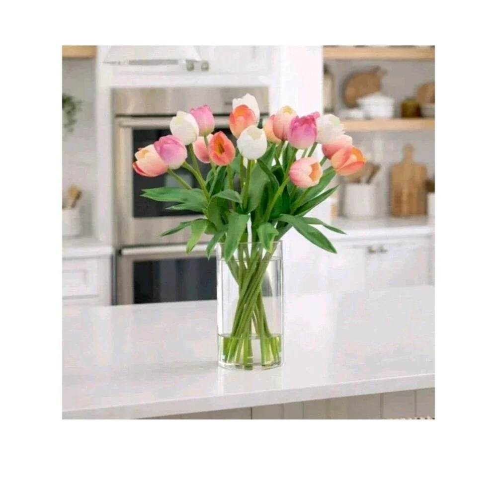 TULIPS FAKE ARTIFICIAL FLOWER FLORAL ARRANGEMENT SILK FLOWERS CERAMIC VASE NEW